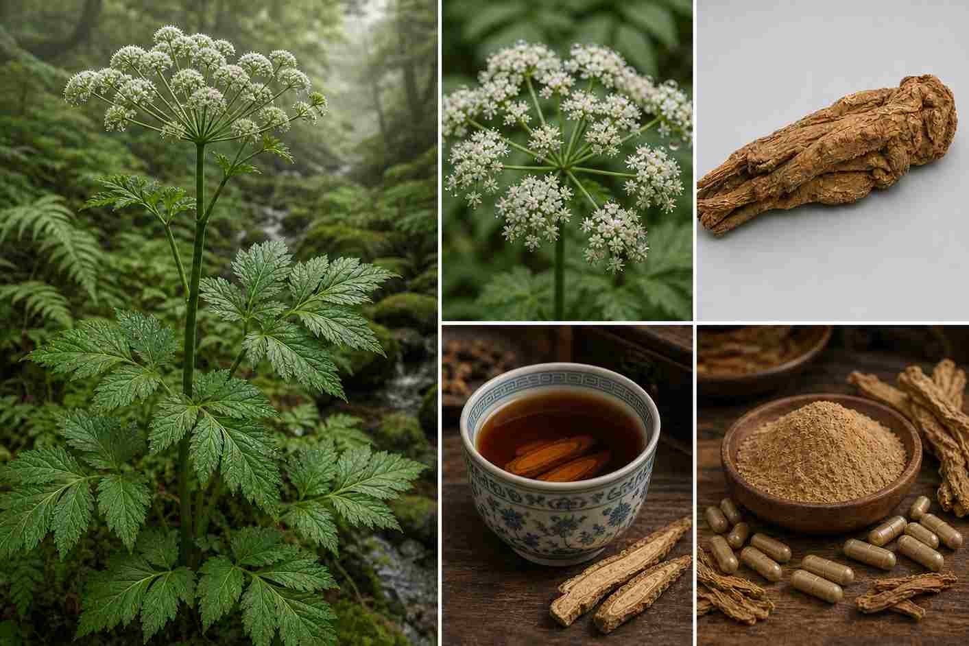 Dong Quai (Angelica sinensis) : plante entière au feuillage caractéristique et ombelle de fleurs blanches, racine séchée complète, décoction traditionnelle et poudre en gélules , bienfaits sur le cycle féminin