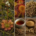 Collage de Drosera rotundifolia montrant la plante carnivore dans son habitat, les parties aériennes séchées, une infusion et de la poudre utilisées en phytothérapie pour soulager la toux.