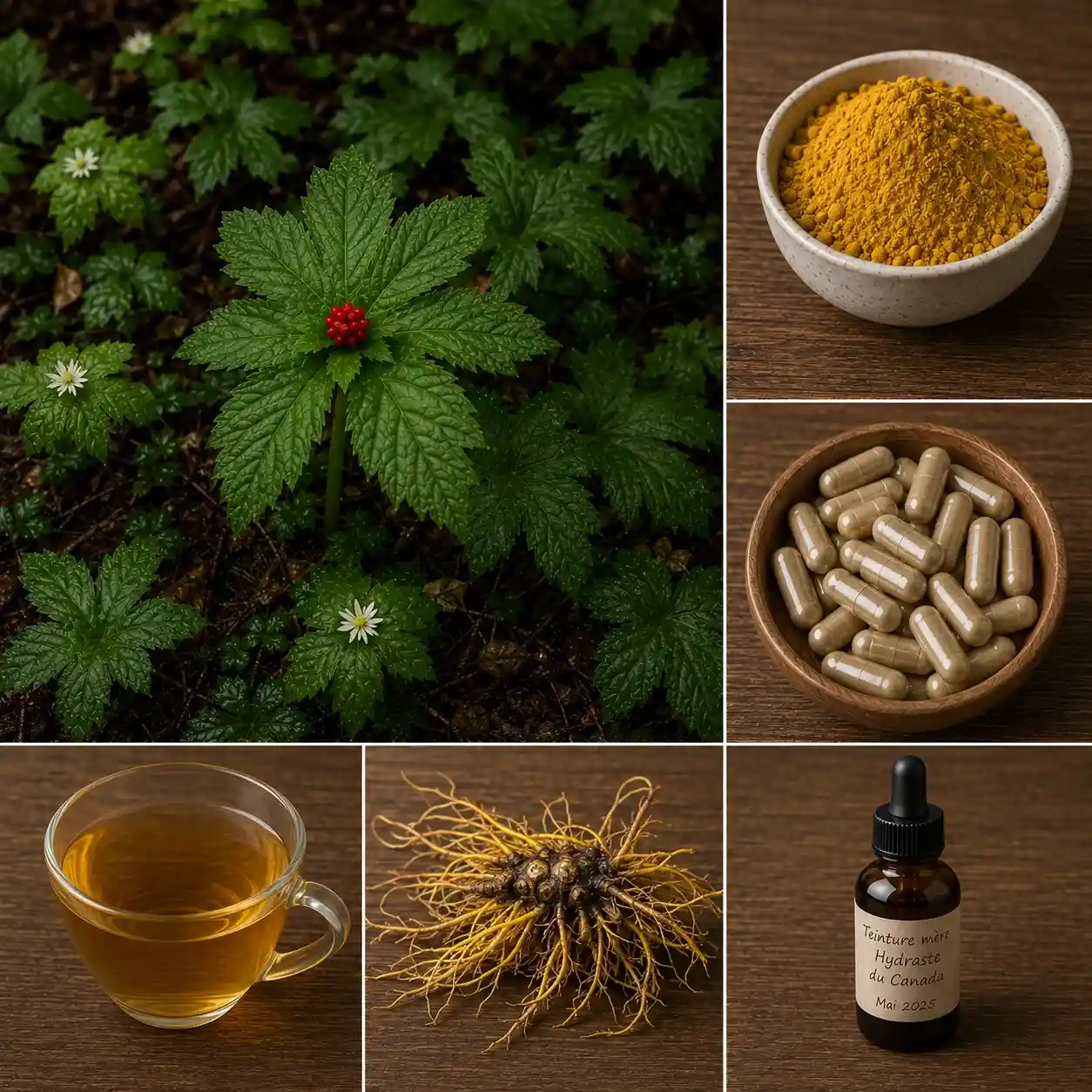 Hydraste du Canada (Hydrastis canadensis) : plante entière, racine médicinale, poudre, gélules, décoction et teinture mère riches en berbérine