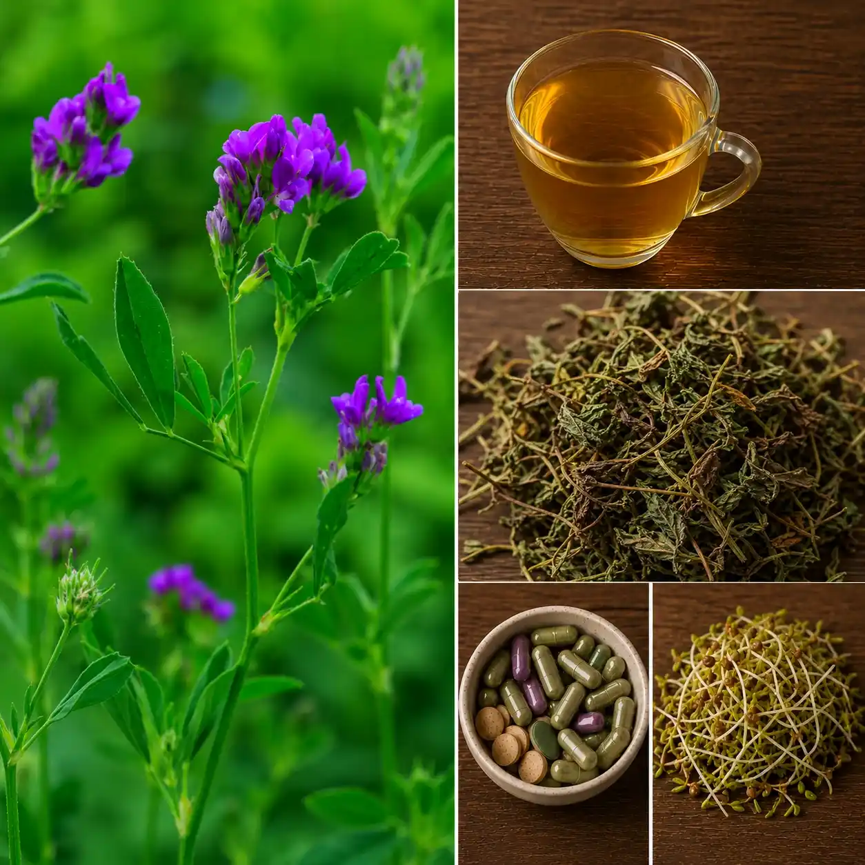 Collage présentant la luzerne (Medicago sativa) avec la plante en fleurs, des feuilles séchées, une infusion, des graines germées et des gélules, utilisée en phytothérapie pour ses propriétés nutritives.