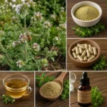 Collage montrant la marjolaine (Origanum majorana) en fleur, une infusion, de la poudre, des gélules et de l'huile essentielle utilisées en phytothérapie pour favoriser la digestion et le sommeil.