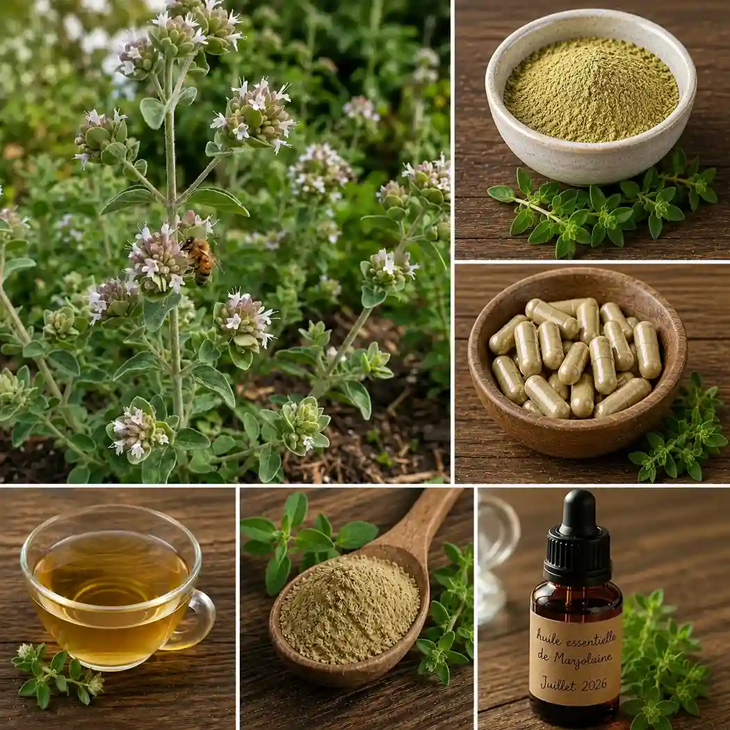 Collage montrant la marjolaine (Origanum majorana) en fleur, une infusion, de la poudre, des gélules et de l'huile essentielle utilisées en phytothérapie pour favoriser la digestion et le sommeil.