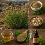 Origan (Origanum vulgare) dans son milieu naturel, poudre, gélules, tisane et huile essentielle riche en carvacrol — principales formes médicinales aux propriétés antimicrobiennes