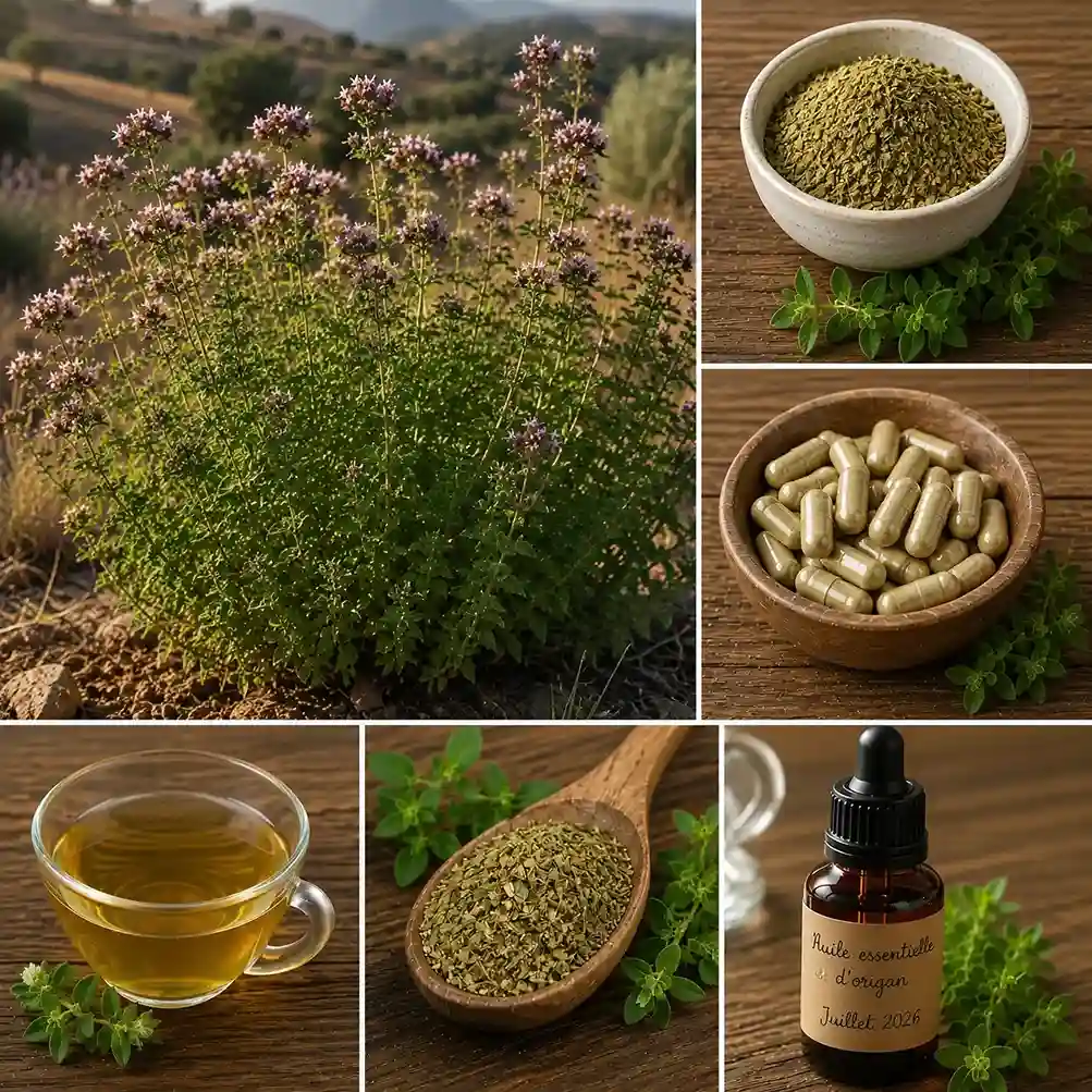 Origan (Origanum vulgare) dans son milieu naturel, poudre, gélules, tisane et huile essentielle riche en carvacrol — principales formes médicinales aux propriétés antimicrobiennes