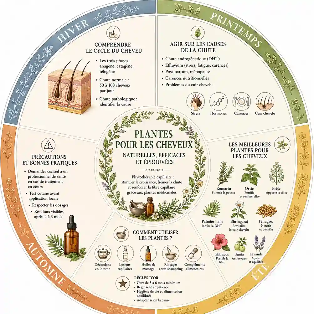Plantes pour les cheveux : infographie des meilleures plantes pour limiter la chute et favoriser la repousse