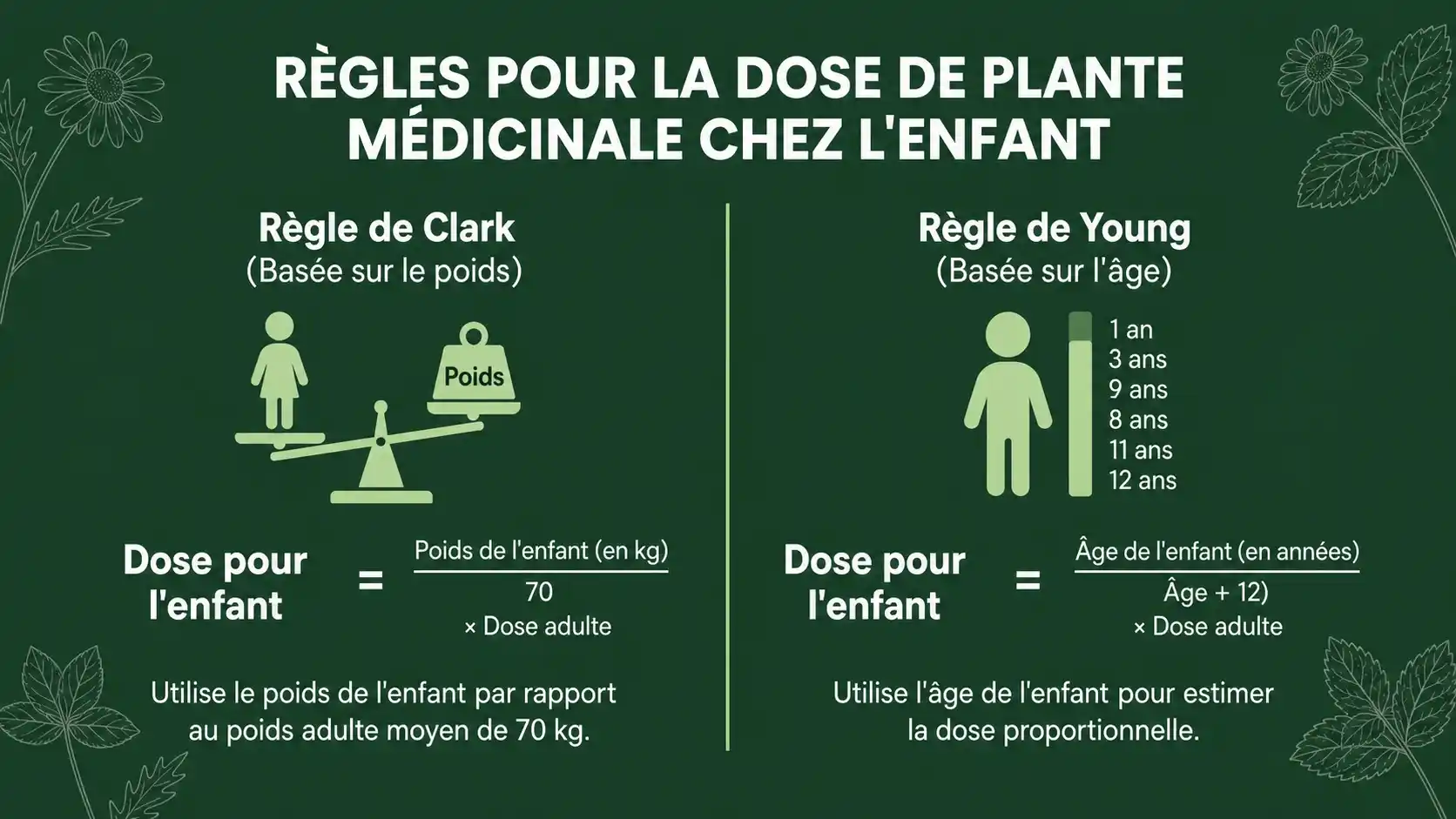 Calcul de la dose de plantes médicinales pour un enfant : règle de Clark et règle de Young Infographie sur fond vert foncé expliquant la règle de Clark et la règle de Young pour calculer la dose de plante médicinale adaptée à un enfant selon son poids et son âge