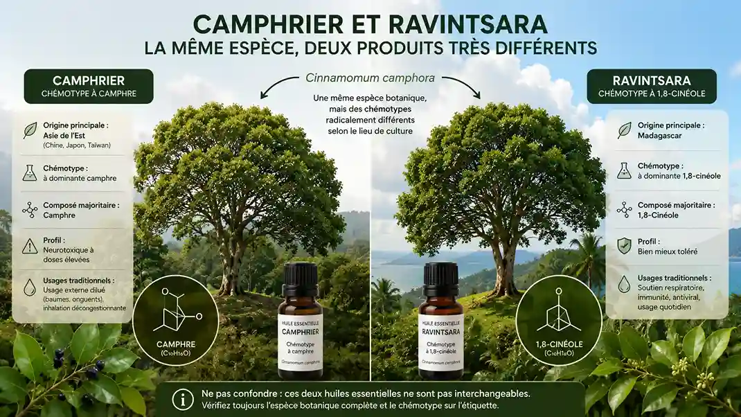 Camphrier et ravintsara : une même espèce, deux chémotypes différents Comparaison entre le camphrier asiatique et le ravintsara, deux chémotypes de Cinnamomum camphora présentant des compositions biochimiques, des usages et des profils de sécurité différents