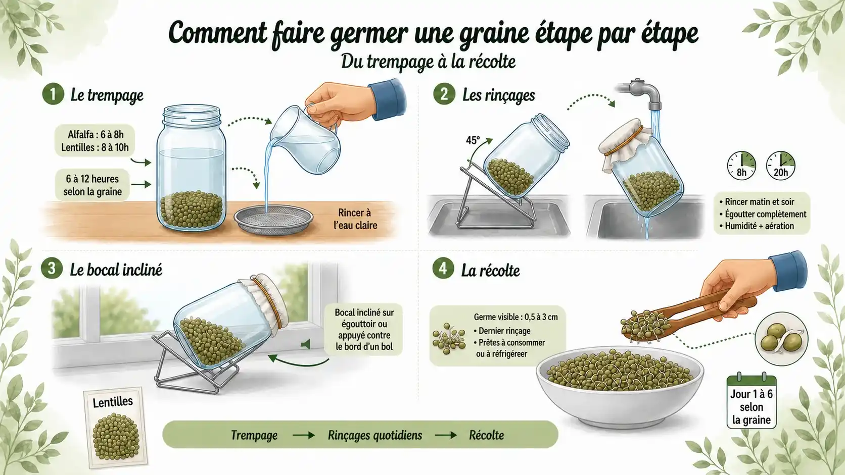Comment faire germer une graine étape par étape, du trempage à la récolte Infographie en 4 étapes montrant comment faire germer une graine : trempage, rinçages quotidiens, bocal incliné et récolte des graines germées