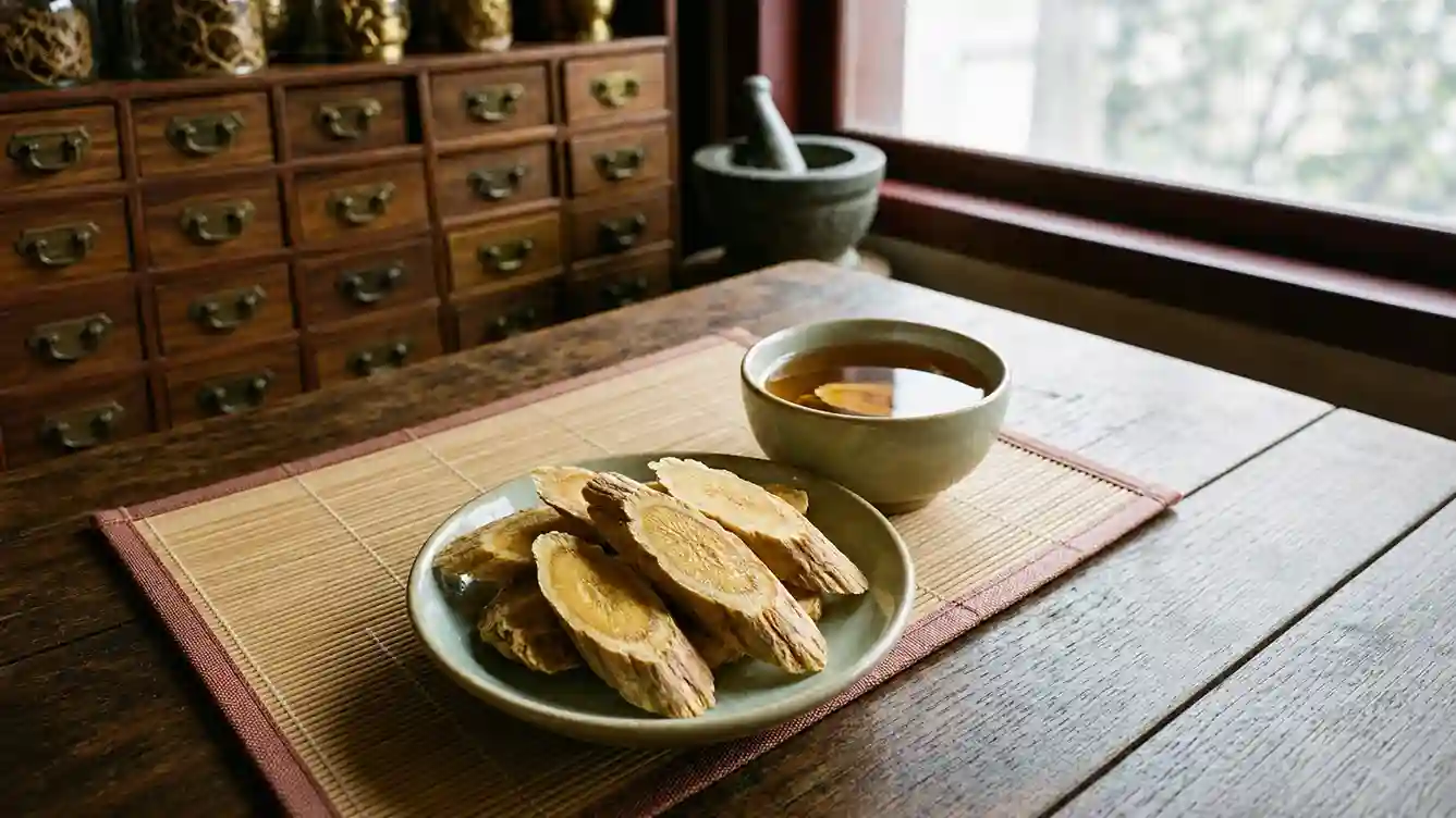 Dong Quai racine séchée et décoction — préparation traditionnelle chinoise Racine de Dong Quai séchée et tranchée selon la tradition chinoise, décoction ambrée en tasse — formes médicinales d'Angelica sinensis pour le cycle féminin et la circulation