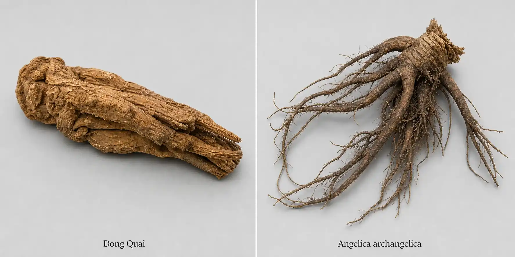 Dong Quai vs angélique européenne — comparaison de deux espèces d'Angelica aux usages distincts Comparaison entre le Dong Quai (Angelica sinensis, racine charnue conique, usage gynécologique chinois) et l'angélique officinale européenne (Angelica archangelica, racine aromatique, usage digestif) — deux espèces du même genre aux indications différentes