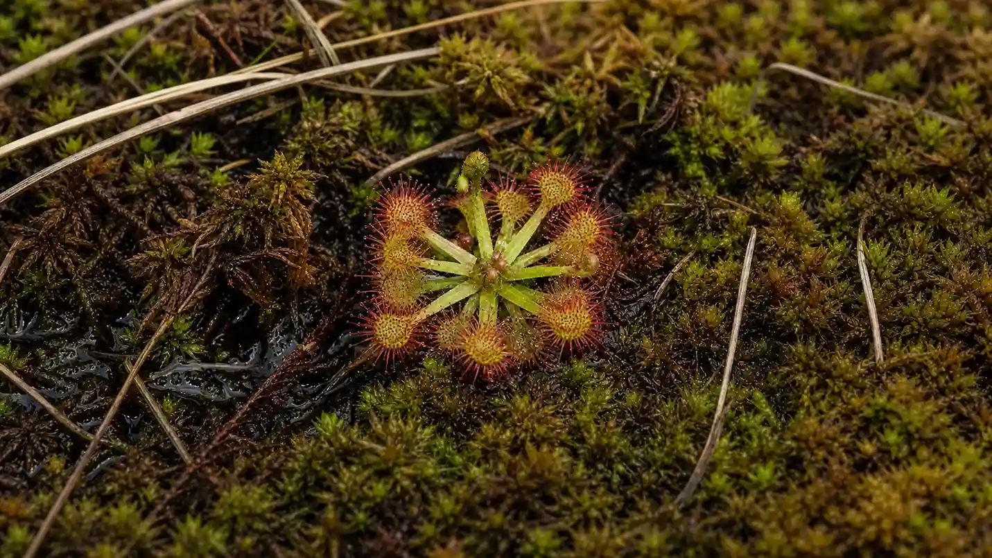 Droséra Drosera rotundifolia — bienfaits sur la toux et propriétés médicinales Droséra à feuilles rondes (Drosera rotundifolia) : petite rosette de feuilles carnivores couvertes de tentacules gluants scintillants, poussant dans une tourbière acide — plante médicinale traditionnelle contre la toux