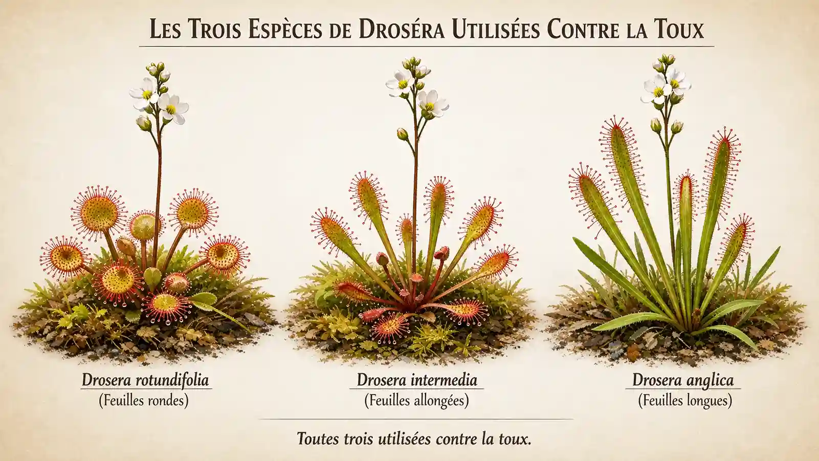 Drosera rotundifolia vs intermedia vs anglica — les trois espèces européennes reconnues en phytothérapie Comparaison des trois espèces de droséra reconnues par la pharmacopée européenne : Drosera rotundifolia (feuilles rondes), Drosera intermedia (feuilles allongées) et Drosera anglica (feuilles longues) — toutes trois utilisées contre la toux