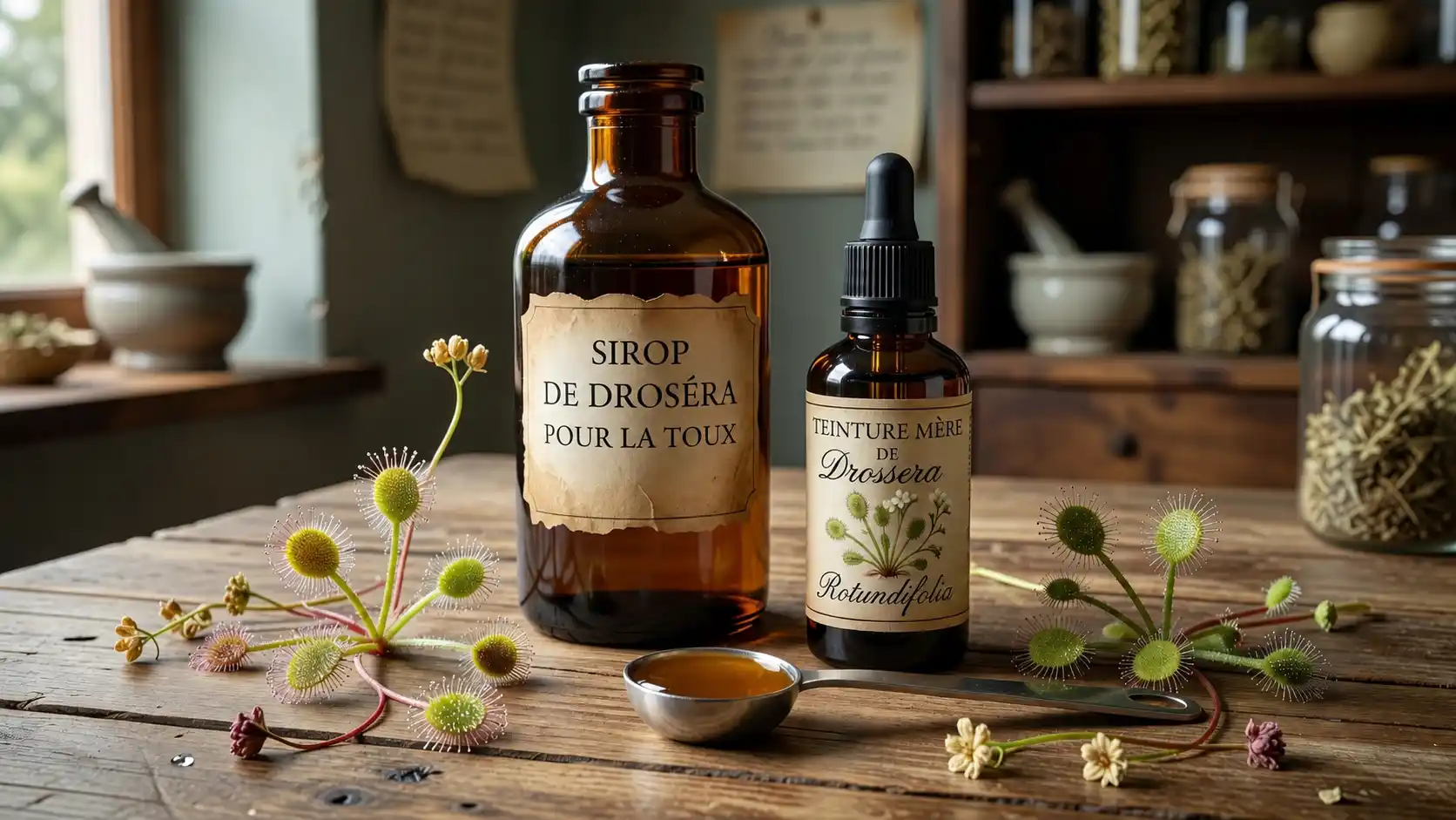Droséra sirop et teinture mère — préparation et posologie pour la toux Sirop de droséra pour la toux, flacon de teinture mère et gouttes mesurées sur cuillère — formes médicinales de Drosera rotundifolia pour les affections respiratoires