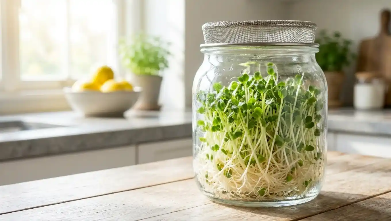 Graines germées maison : un bocal, de l'eau, quelques jours de patience Bocal en verre rempli de graines germées fraîches posé sur une table de cuisine, illustrant la germination maison