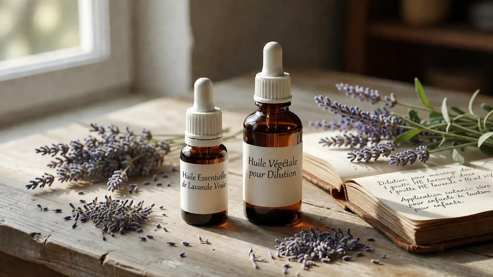 Huiles essentielles et enfants : précautions selon l'âge — lavande vraie diluée dans une huile végétale Flacon d'huile essentielle de lavande vraie posé à côté d'un flacon d'huile végétale pour dilution, usage cutané chez l'enfant en phytothérapie pédiatrique