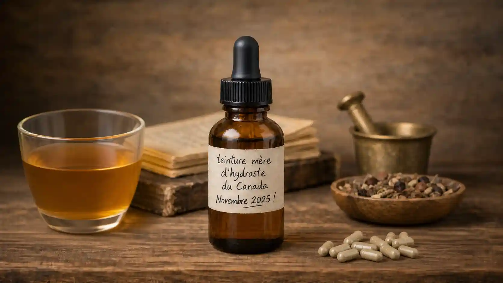 Hydraste du Canada teinture mère et gélules — formes et posologie de Hydrastis canadensis Flacon de teinture mère d'hydraste du Canada et gélules d'extrait standardisé en berbérine, posés à côté de morceaux de rhizome jaune séché — formes médicinales de Hydrastis canadensis