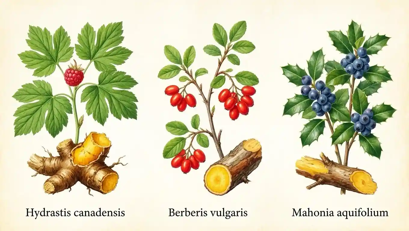 Hydraste du Canada vs épine-vinette vs raisin d'Oregon — plantes riches en berbérine souvent substituées Comparaison entre l'hydraste du Canada (Hydrastis canadensis, rhizome jaune) et deux plantes de substitution fréquentes riches en berbérine, l'épine-vinette (Berberis vulgaris) et le raisin d'Oregon (Mahonia aquifolium)