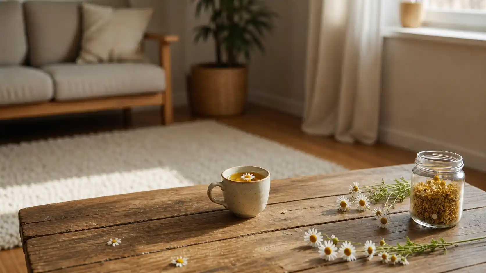 Infusion de camomille pour le sommeil de l'enfant : la forme galénique la plus adaptée et la plus sûre en phytothérapie pédiatrique Petite tasse d'infusion de camomille légèrement fumante sur table en bois, fleurs de camomille séchées à côté, préparée pour aider un enfant à s'endormir