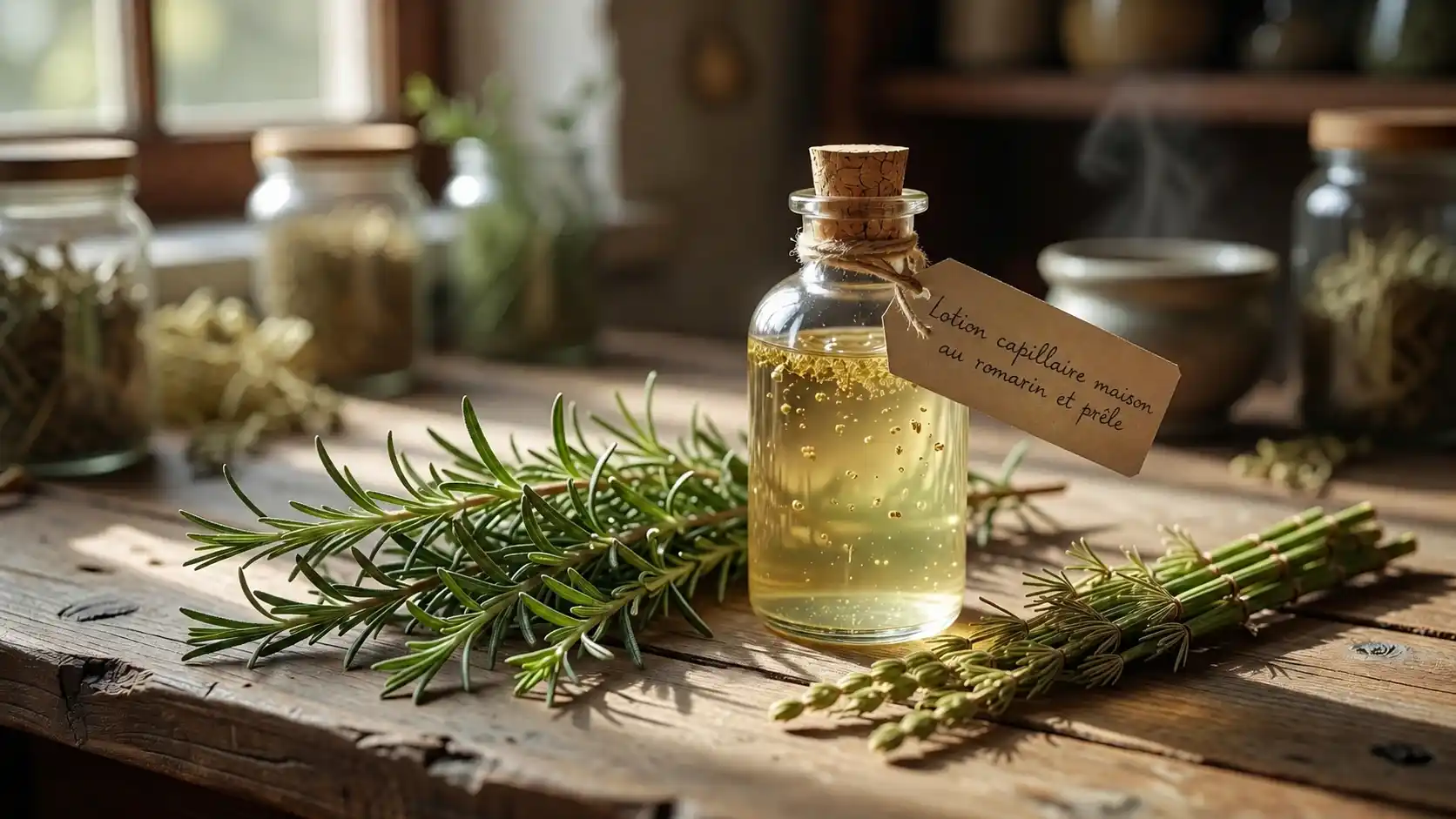 Lotion capillaire maison au romarin et à la prêle, deux plantes pour les cheveux contre la chute Flacon en verre contenant une lotion capillaire maison à base de plantes pour les cheveux, romarin frais et prêle à côté, sur une surface en bois naturel