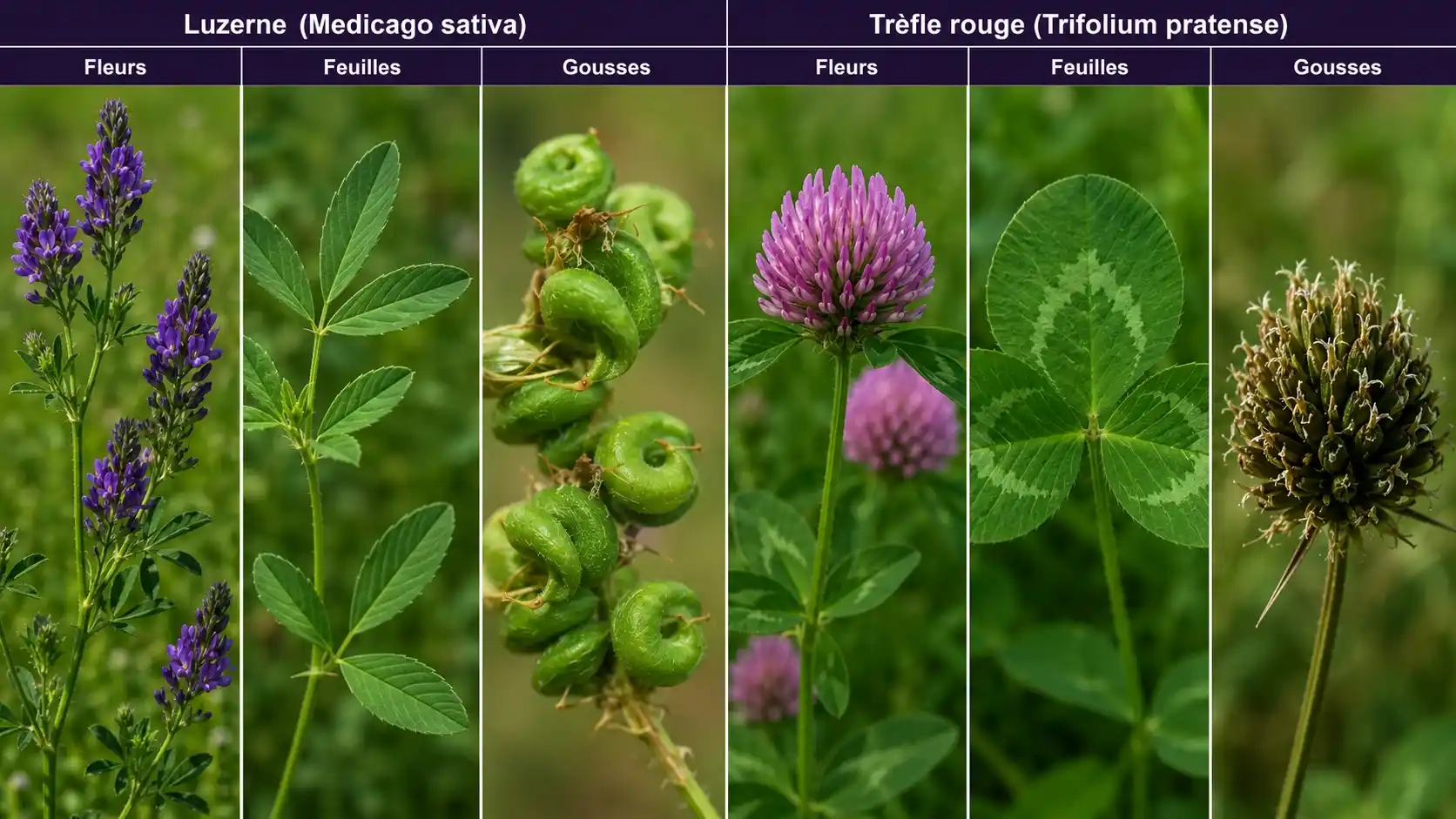 Luzerne vs trèfle rouge — comparaison de deux plantes Fabacées phytoestrogéniques Comparaison entre la luzerne (Medicago sativa, fleurs violettes et gousses en spirale) et le trèfle rouge (Trifolium pratense, fleurs rose-pourpre en boule) — deux Fabacées phytoestrogéniques aux profils différents