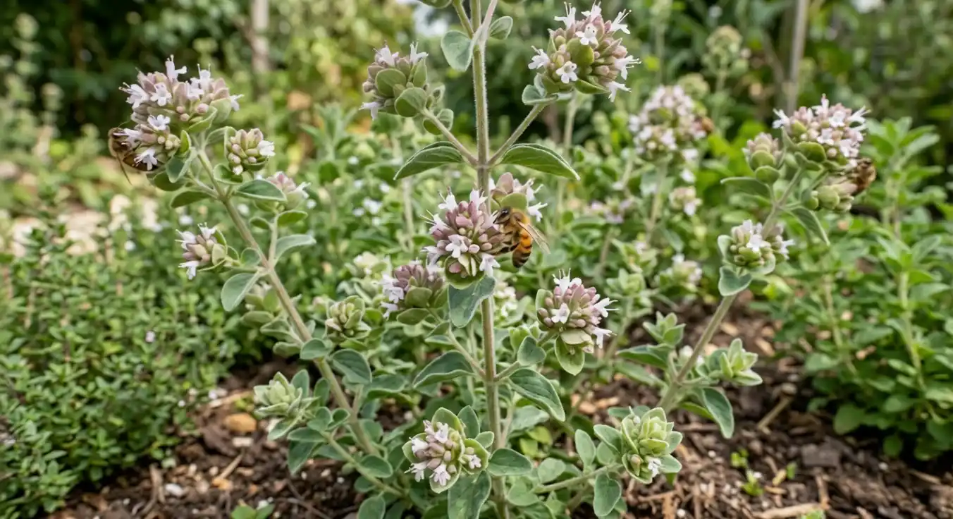 Marjolaine Origanum majorana — bienfaits digestion, sommeil et propriétés médicinales Marjolaine (Origanum majorana) : petites feuilles ovales grisâtres et épis floraux noueux caractéristiques en forme de coquilles — plante aromatique méditerranéenne aux vertus digestives et apaisantes