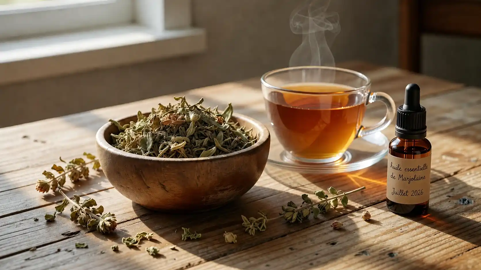 Marjolaine séchée, infusion et huile essentielle — formes et posologie pour digestion et sommeil Marjolaine séchée dans un bol en bois, infusion en tasse et flacon d'huile essentielle — formes médicinales d'Origanum majorana pour la digestion et le sommeil