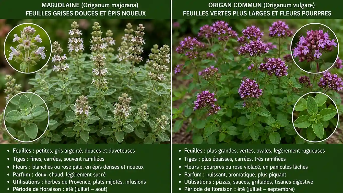 Marjolaine vs origan commun — comparaison de deux espèces d'Origanum aux profils distincts Comparaison entre la marjolaine (Origanum majorana, feuilles grises douces et épis noueux) et l'origan commun (Origanum vulgare, feuilles vertes plus larges et fleurs pourpres) — deux espèces du genre Origanum aux usages différents
