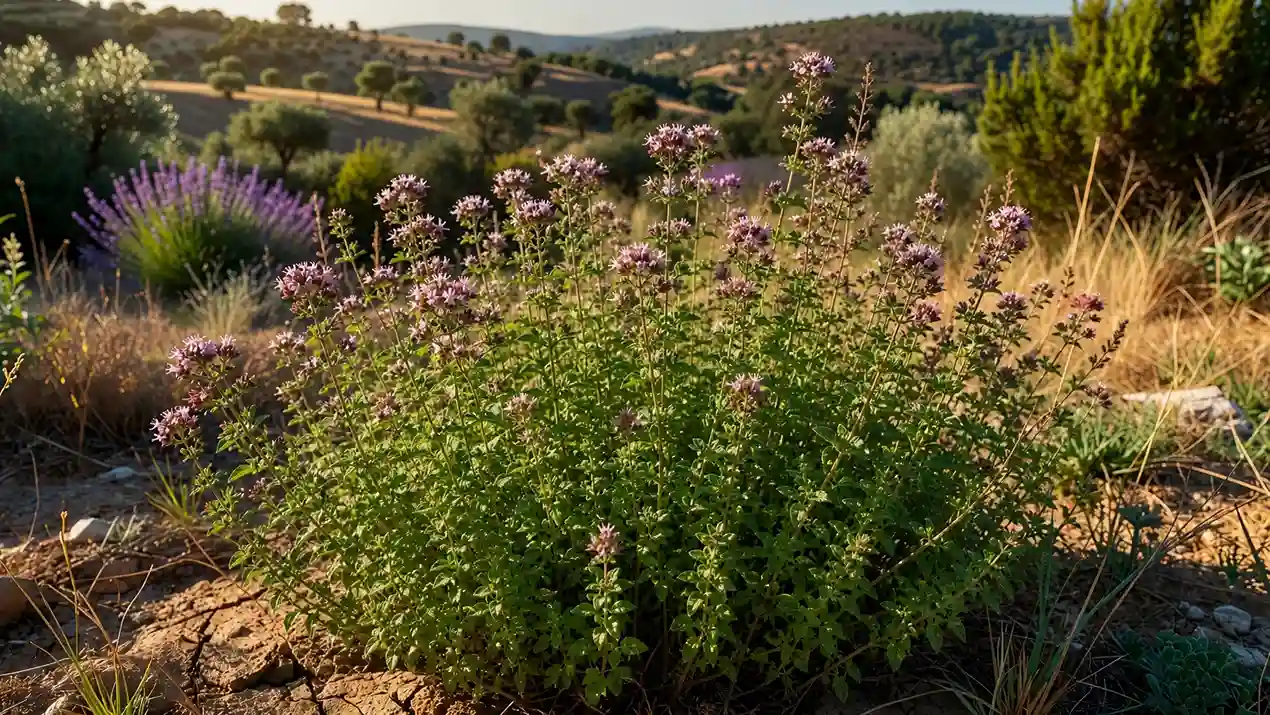 Origan Origanum vulgare — bienfaits, carvacrol et propriétés antimicrobiennes Origan commun (Origanum vulgare) : feuilles ovales vert franc et corymbes denses de fleurs pourpres à rosées — plante aromatique méditerranéenne riche en carvacrol aux propriétés antimicrobiennes