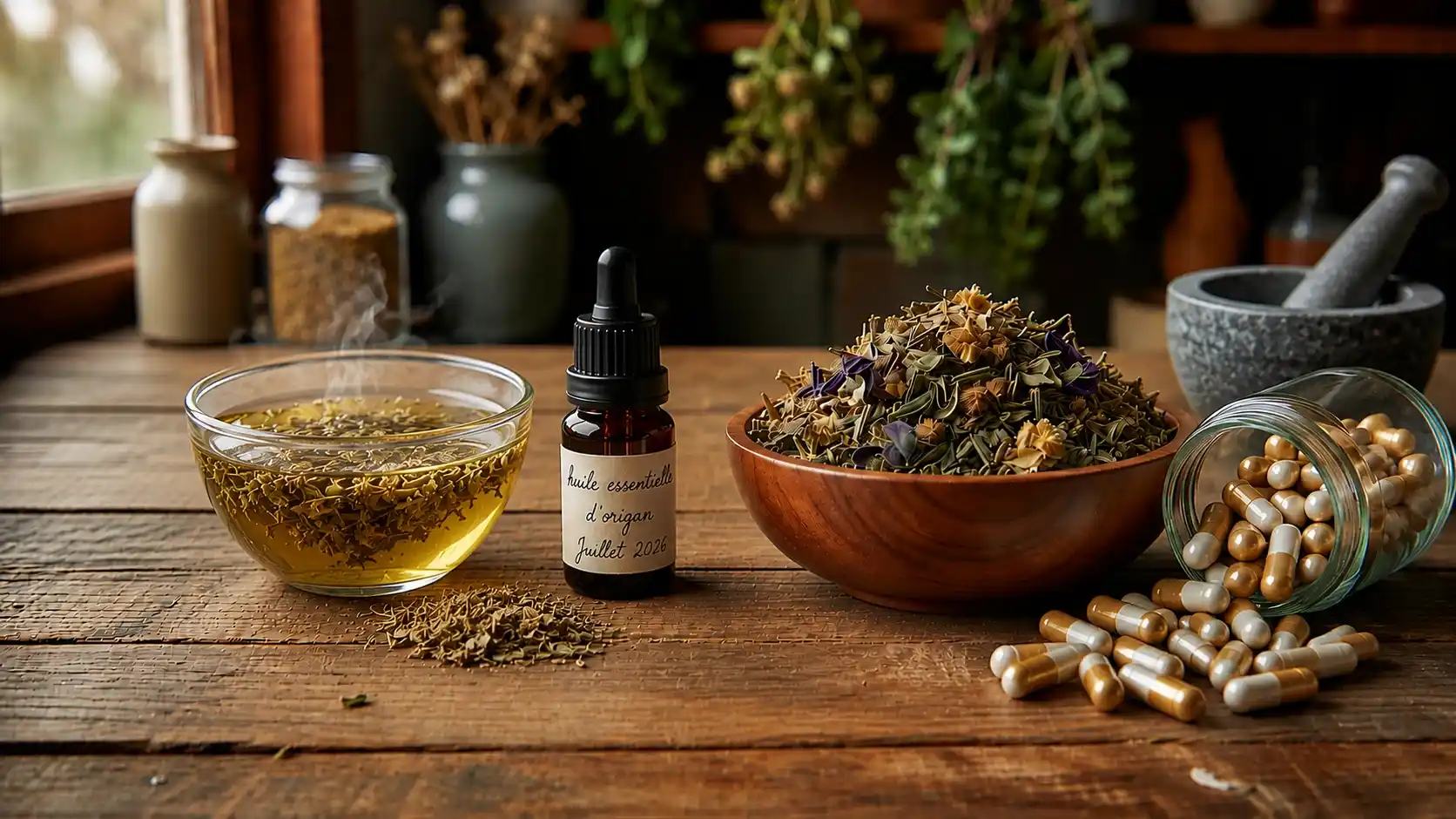Tisane d'origan, origan séché, huile essentielle et gélules — formes et précautions d'usage Tisane d'origan, origan séché dans un bol en bois, flacon d'huile essentielle concentrée et gélules d'extrait standardisé en carvacrol — formes médicinales d'Origanum vulgare pour les propriétés antimicrobiennes