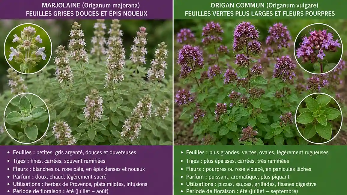 Marjolaine vs origan commun — comment les distinguer facilement Comparaison botanique entre l'origan commun (Origanum vulgare) et la marjolaine (Origanum majorana) montrant les différences de feuilles, de fleurs, de port et des principaux critères d'identification