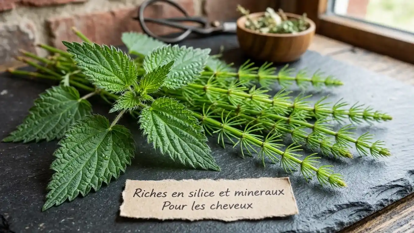 Ortie et prêle des champs : deux plantes pour les cheveux riches en silice pour renforcer la fibre capillaire Feuilles d'ortie fraîches et tiges de prêle des champs posées sur une surface naturelle, deux plantes pour les cheveux riches en silice et minéraux