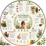 Infographie circulaire présentant les règles essentielles de la phytothérapie pédiatrique : plantes adaptées, précautions d'emploi, dosage, huiles essentielles, contre-indications et situations nécessitant un avis médical.