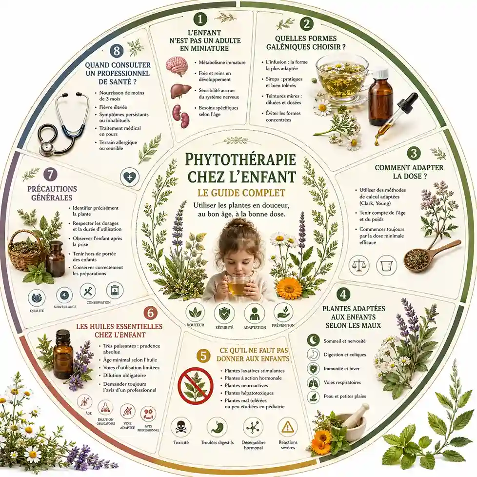 Infographie circulaire présentant les règles essentielles de la phytothérapie pédiatrique : plantes adaptées, précautions d'emploi, dosage, huiles essentielles, contre-indications et situations nécessitant un avis médical.