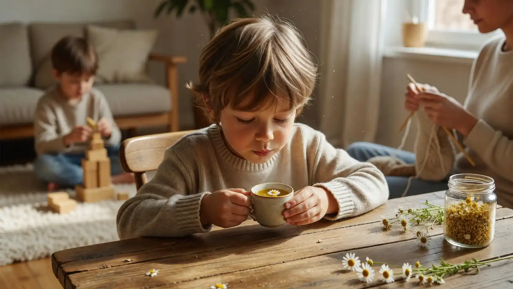 Phytothérapie pédiatrique : quelles plantes, quelles doses, à quel âge Enfant buvant une infusion légère de camomille dans une tasse, ambiance familiale apaisante, phytothérapie pédiatrique