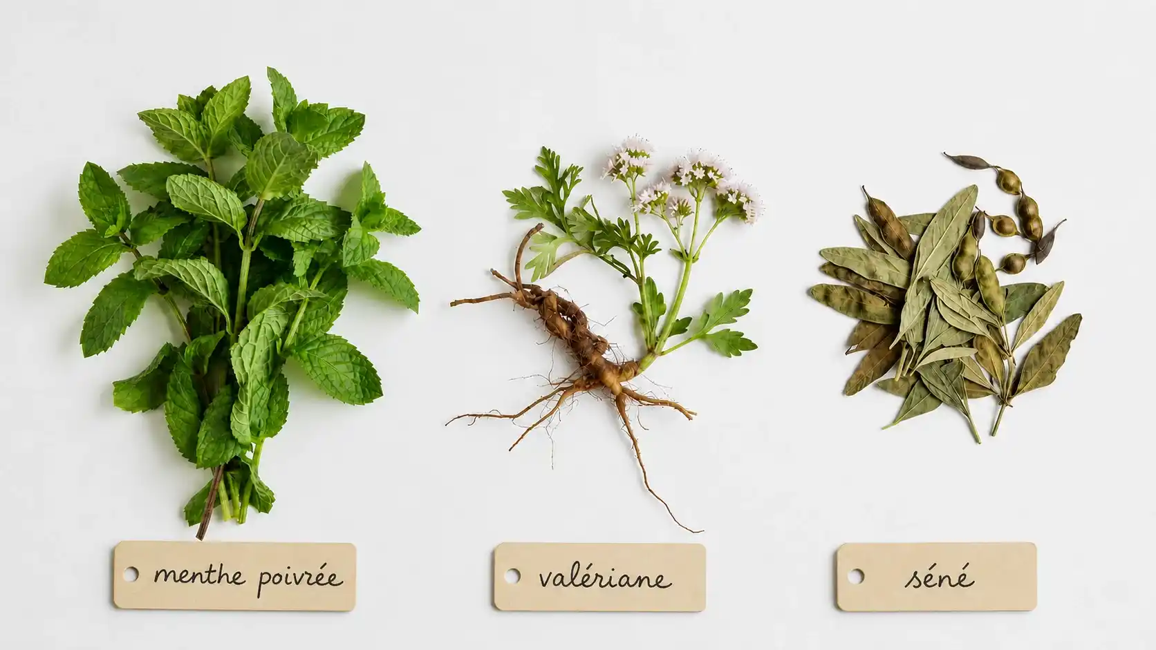 Plantes à éviter chez l'enfant : contre-indications en phytothérapie pédiatrique Plantes médicinales contre-indiquées chez l'enfant disposées sur fond blanc : menthe poivrée, valériane, séné — phytothérapie pédiatrique précautions