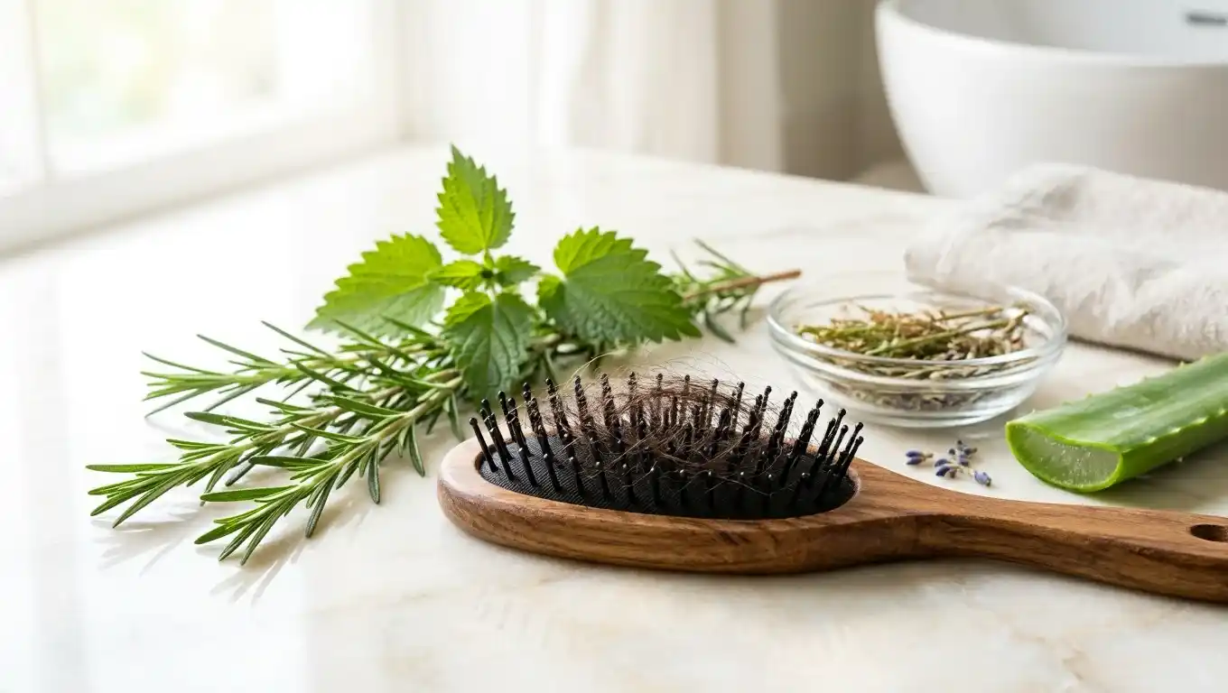 Plantes pour les cheveux : comprendre la cause de la chute avant de choisir une plante Cheveux tombés dans une brosse sur surface claire, illustrant la chute de cheveux et les plantes pour les cheveux à utiliser en approche naturelle