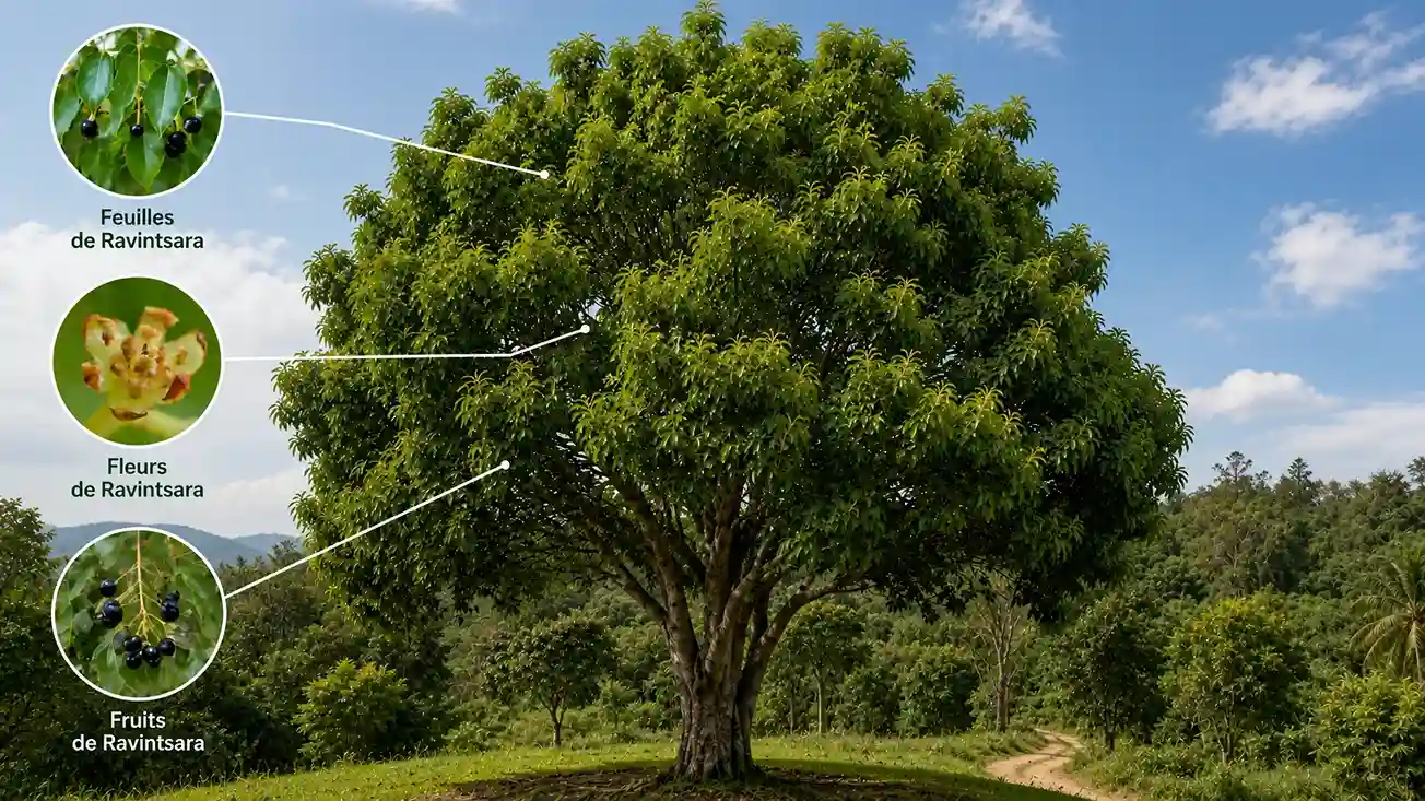 Ravintsara Cinnamomum camphora à chémotype cinéole — bienfaits et propriétés médicinales Ravintsara : fleurs, fruits et feuilles ovales luisantes et persistantes de Cinnamomum camphora cultivé à Madagascar, huile essentielle riche en 1,8-cinéole aux propriétés respiratoires et immunostimulantes