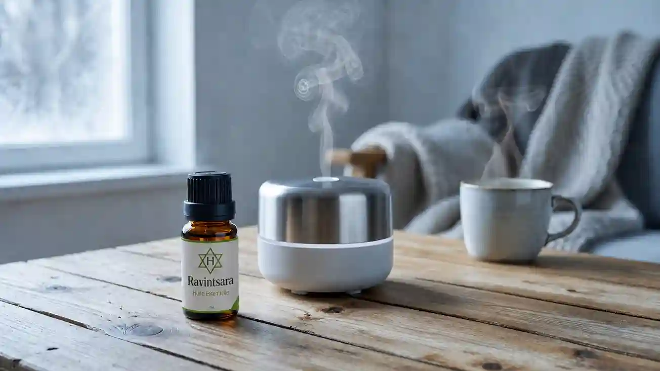 Ravintsara huile essentielle et diffusion — formes et posologie pour le soutien hivernal Flacon d'huile essentielle de ravintsara et diffuseur atmosphérique — formes d'utilisation de Cinnamomum camphora à chémotype cinéole pour le soutien hivernal