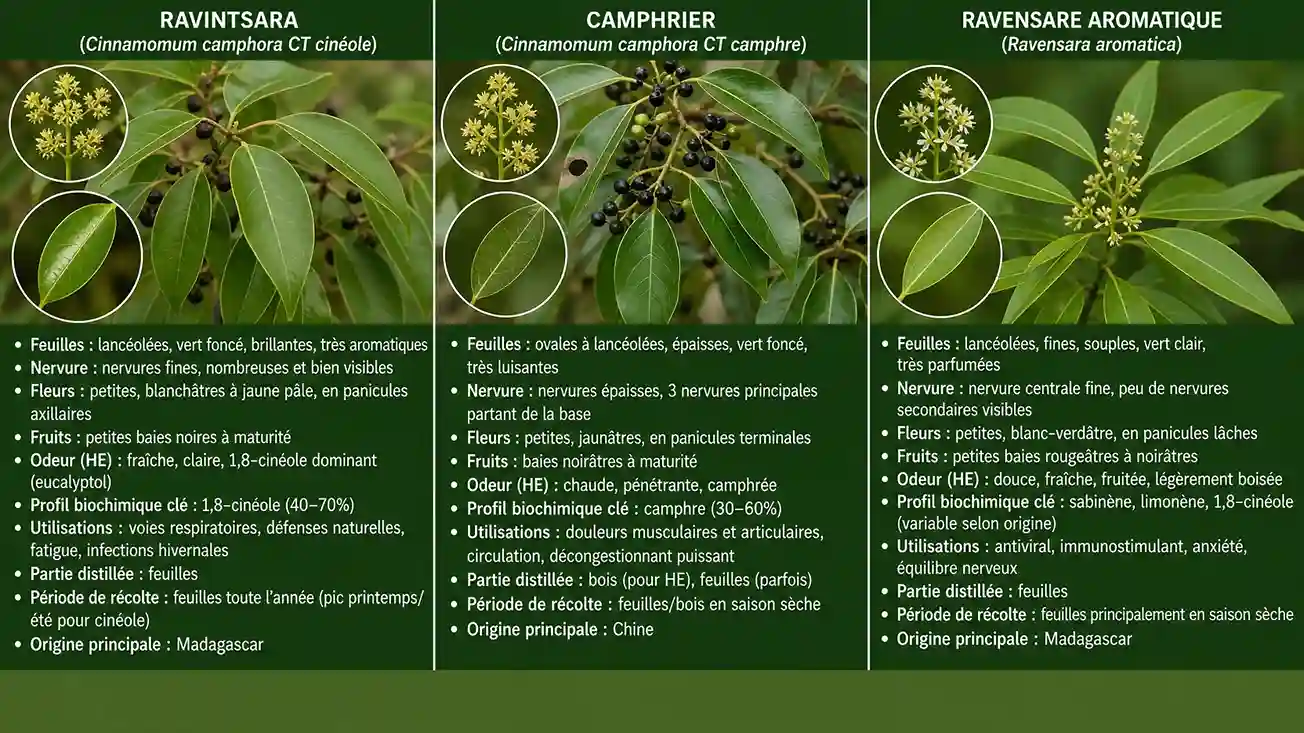 Ravintsara vs camphrier vs ravensare — trois profils distincts à ne pas confondre Comparaison entre le ravintsara (Cinnamomum camphora CT cinéole), le camphrier (Cinnamomum camphora CT camphre) et le ravensare aromatique (Ravensara aromatica) — trois profils souvent confondus en aromathérapie