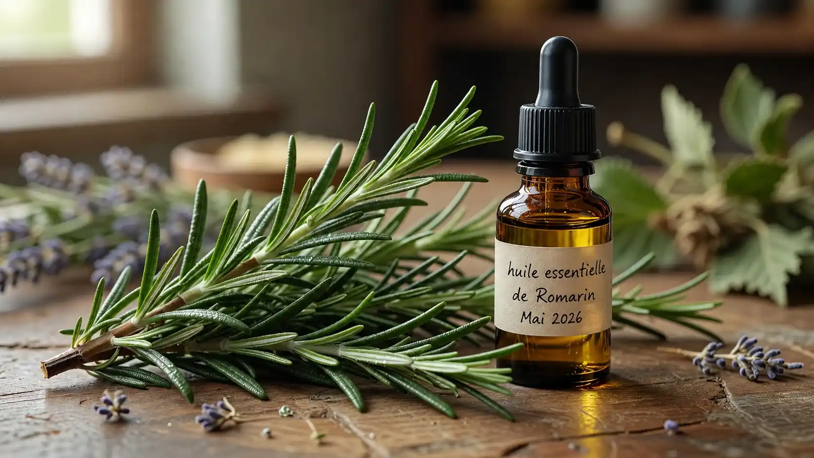 Romarin, une plante pour les cheveux de référence : huile essentielle et lotion capillaire maison Branche de romarin frais avec flacon d'huile essentielle, une des plantes pour les cheveux les plus utilisées pour stimuler la repousse par massage du cuir chevelu