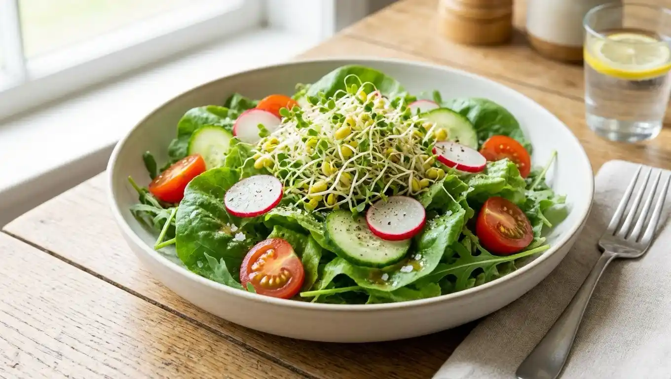 Graines germées fraîches ajoutées à une salade, prêtes à la consommation Salade fraîche garnie de graines germées croquantes, prête à être consommée