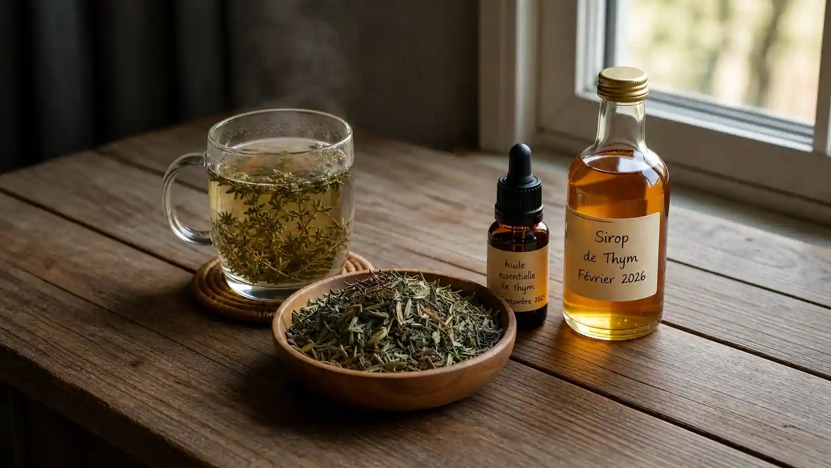 Thym séché, huile essentielle et sirop — formes et précautions selon le chémotype Thym séché dans un bol en bois,tisane de thym, flacon d'huile essentielle et sirop antitussif à base de thym — formes médicinales de Thymus vulgaris pour les affections respiratoires
