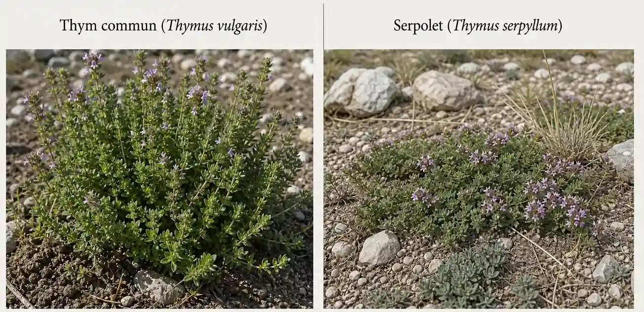 Thym commun vs serpolet — comparaison de deux espèces de Thymus aux usages proches Comparaison entre le thym commun (Thymus vulgaris, port dressé et buissonnant) et le serpolet (Thymus serpyllum, plante rampante et tapissante) — deux espèces du genre Thymus aux profils phytochimiques différents