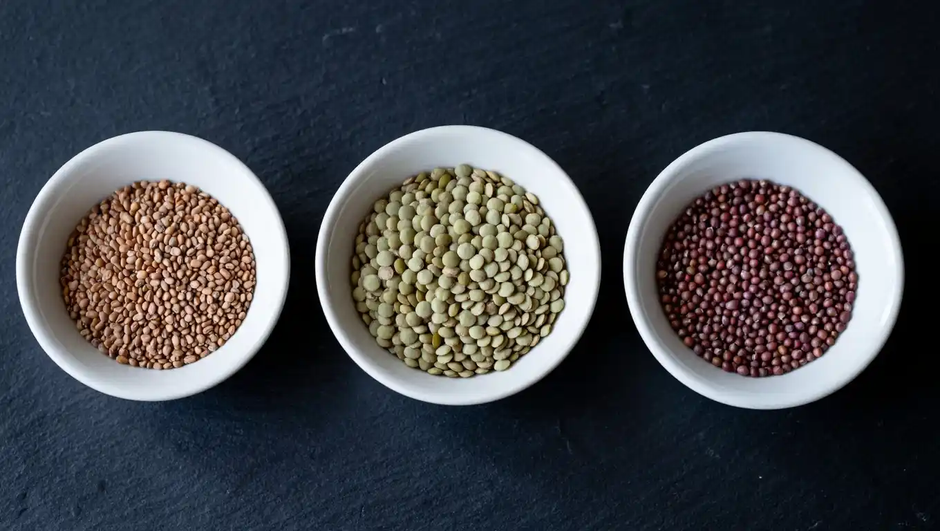 Quelles graines choisir pour se lancer dans la germination maison Plusieurs variétés de graines à germer disposées côte à côte : alfalfa, lentilles et radis, avant trempage