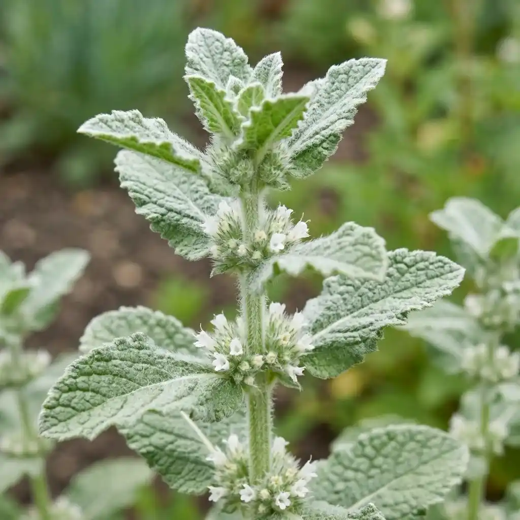 Marrube blanc (Marrubium vulgare) aux feuilles duveteuses et fleurs blanches, traditionnellement utilisé contre la toux