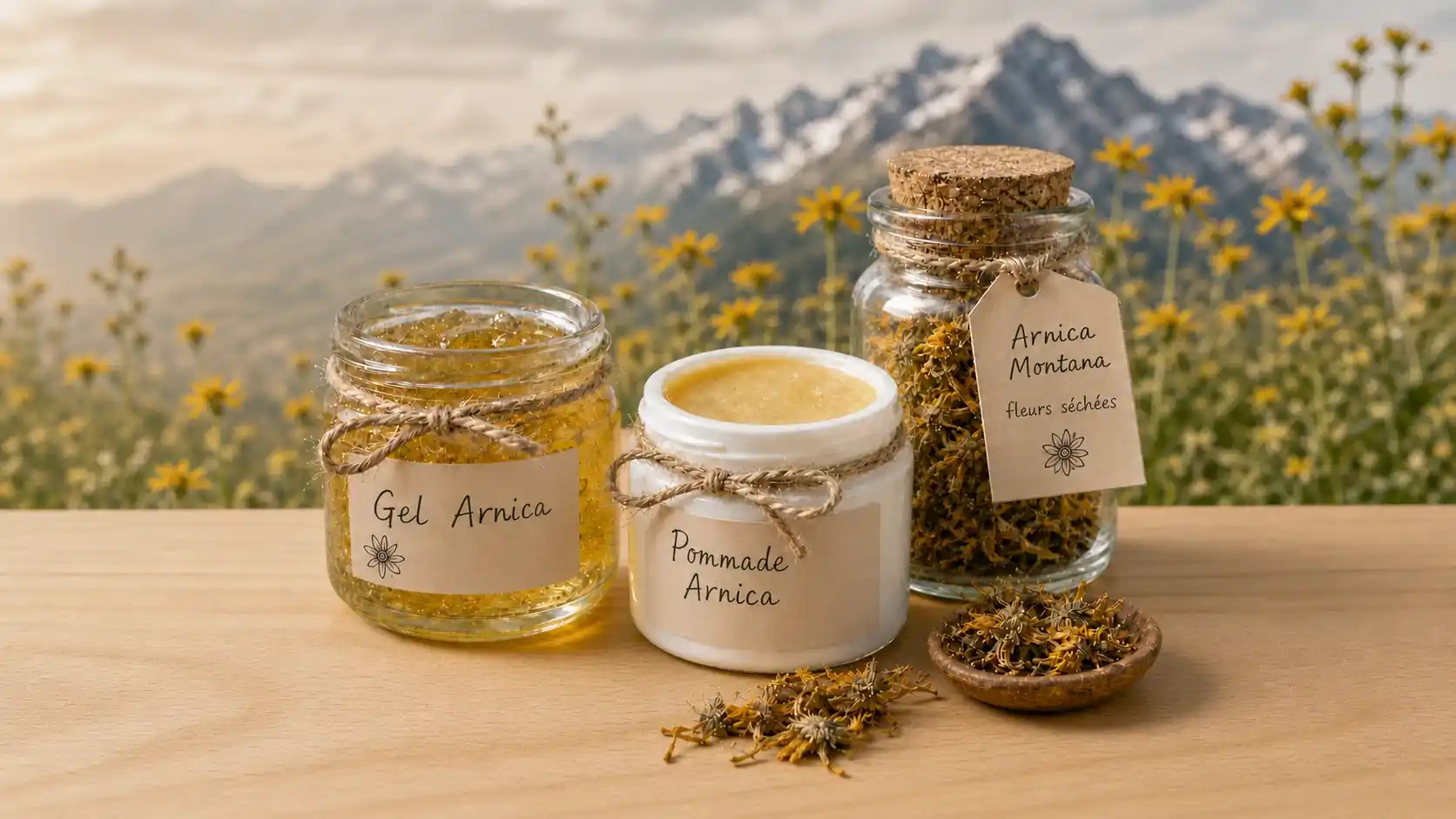 Arnica gel et pommade — formes d'usage externe exclusif pour les bleus et entorses Gel et pommade d'arnica pour usage externe, fleurs séchées d'Arnica montana — formes médicinales exclusivement cutanées pour les bleus, entorses et courbatures