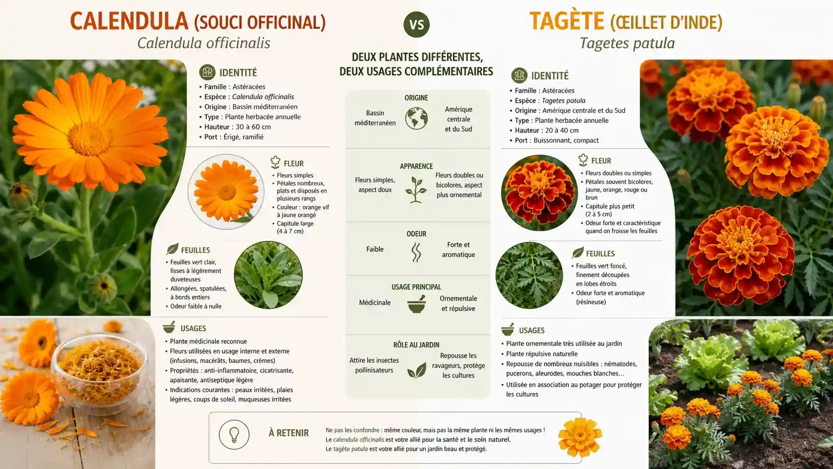Calendula vs tagète — deux plantes différentes à ne pas confondre malgré des fleurs similaires Comparaison entre le calendula (Calendula officinalis, fleurs orange médicinales) et le tagète (Tagetes patula, plante ornementale et répulsive de jardin) — deux plantes différentes souvent confondues sous le nom de souci