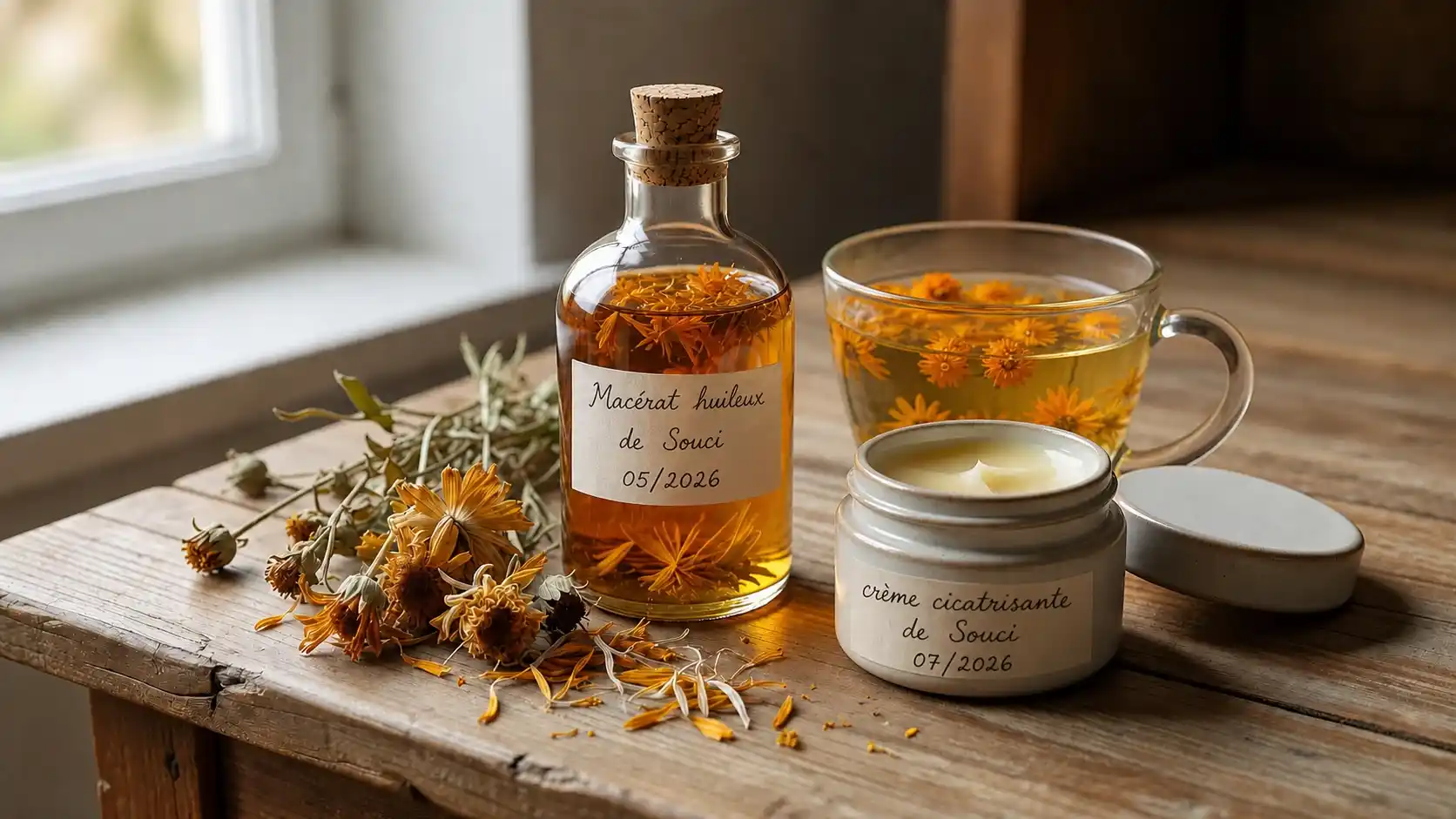 Calendula macérat huileux et crème — formes et préparation pour les soins cutanés Macérat huileux de calendula en flacon, fleurs séchées de Calendula officinalis et crème cicatrisante — formes médicinales pour les soins de la peau et des muqueuses