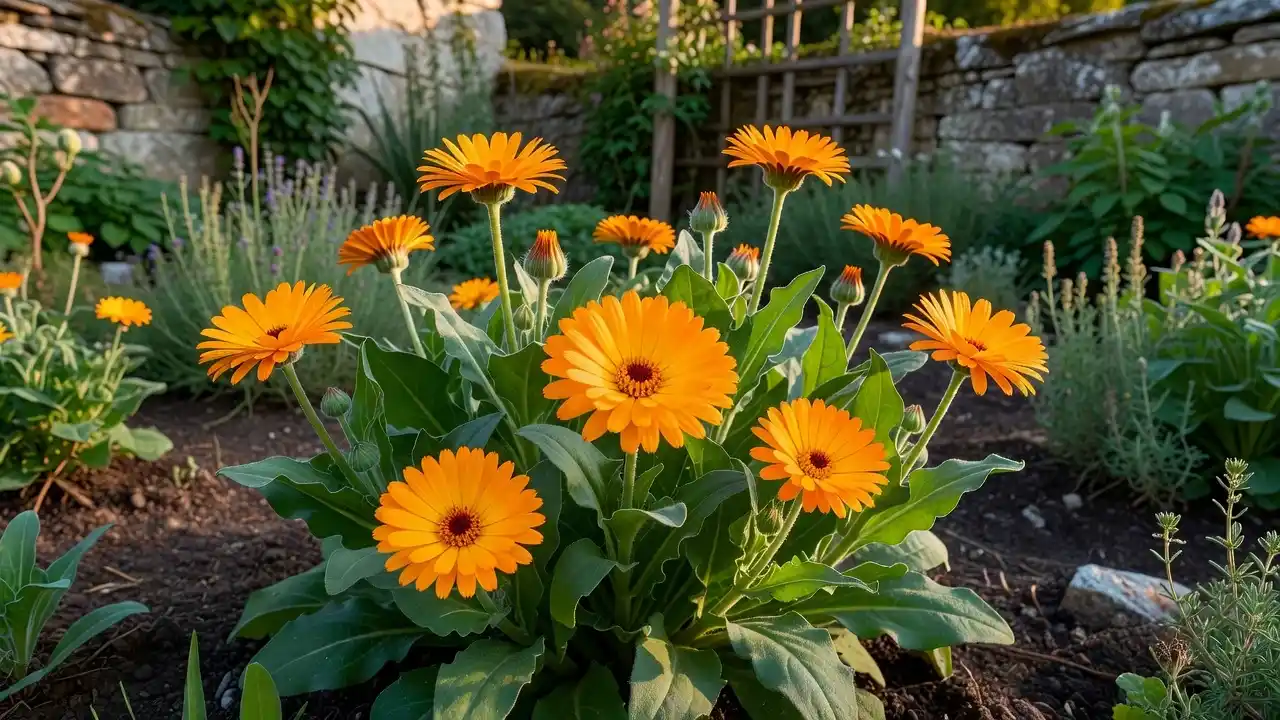 Calendula Calendula officinalis — bienfaits cicatrisation et propriétés médicinales Calendula officinalis : capitules floraux orange vif aux nombreuses ligules et feuilles oblongues légèrement velues — plante médicinale cicatrisante traditionnelle des jardins européens