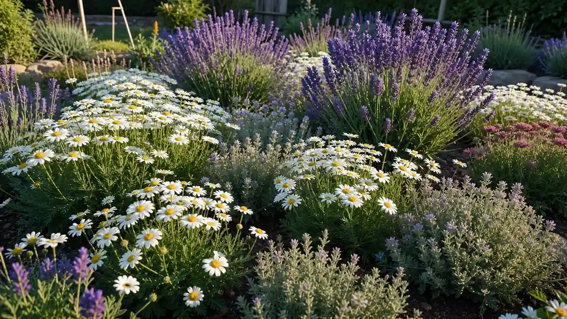 Camomille, thym et lavande : trois plantes tisanières faciles à cultiver en pleine terre Massif de camomille, thym et lavande en pleine floraison dans un jardin, exemples de plantes tisanières faciles à cultiver
